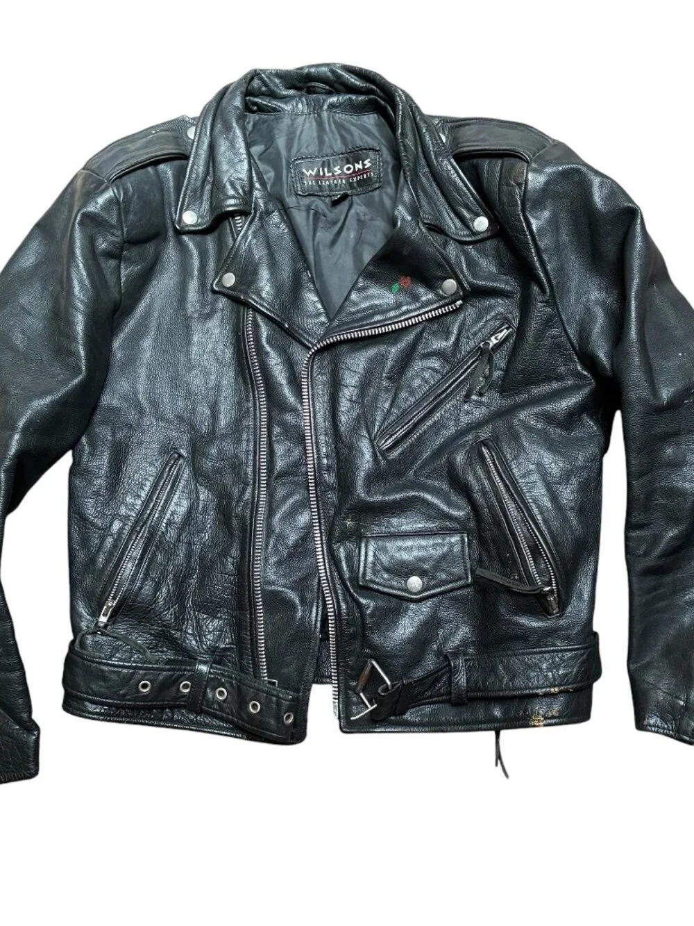 WILSONS LEATHER Jacket Thinsulate Black Moto Biker Zip Belt Mens Medium